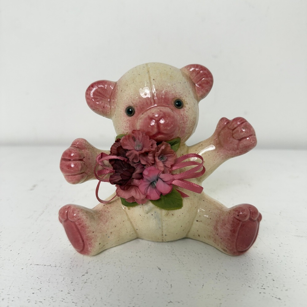 Vintage Ceramic Teddy Bear Figurine Pink Cream Speckled Flower Bouquet